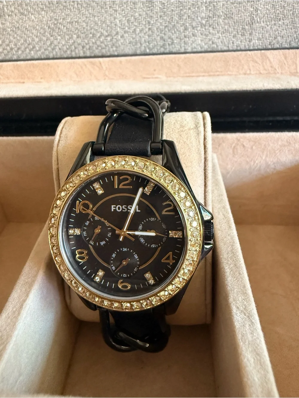 Fossil Women's Black and Gold Crystal-Accent Watch